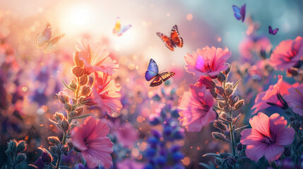 fiori di malva multicolore sul campo, farfalle volanti sullo sfondo dell'alba, stile pittura, arte digitale, quadro digitale di fiori primaverili - obrazy, fototapety, plakaty