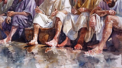 Detailed painting of biblical foot washing - A beautifully detailed illustration capturing the biblical act of foot washing with rich colors and textures