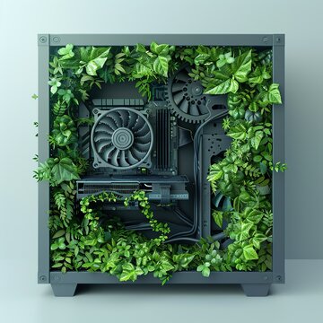computer case with gear made from green leaves
