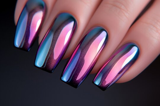 Close-up of hands with long nails polished with a glossy, shimmering top coat and gradient design