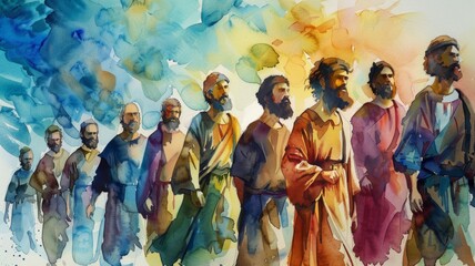 Watercolor painting of disciples walking - A watercolor image showing a group of Biblical figures walking together in a colorful and spiritual context
