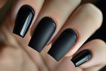 Close-up of a hand with matte black nail polish and a single glossy accent nail, showcasing a stylish manicure