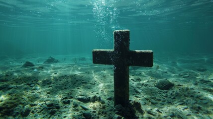 Underwater view of an ancient cross - A hauntingly beautiful underwater scene with an aged cross, evoking themes of eternity and submerged beliefs