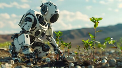 A humanoid robot in a desert area checks seedlings