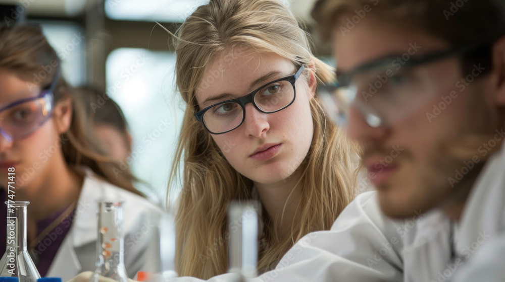 Aufkleber scientists and researchers seated around a table in a laboratory, engaged in collaborative work and 