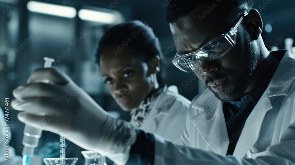 Poster two scientists in white lab coats working together in a laboratory setting, conducting experiments a