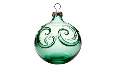 A green glass ornament adorned with delicate swirling patterns