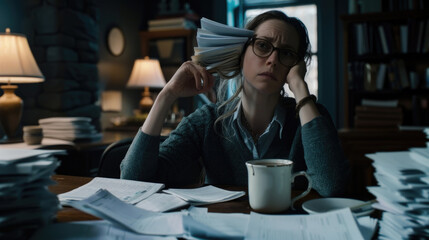 A woman sits at her desk, overwhelmed by piles of paperwork, working into the night with a coffee cup nearby - obrazy, fototapety, plakaty