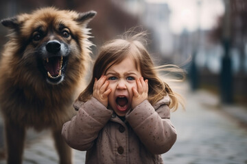 Frightened Young Girl Screaming with Barking Dog in Background - obrazy, fototapety, plakaty