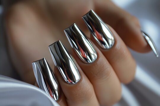 Close-up of metallic chrome nails with a sleek, mirror-like finish, reflecting light - Powered by Adobe