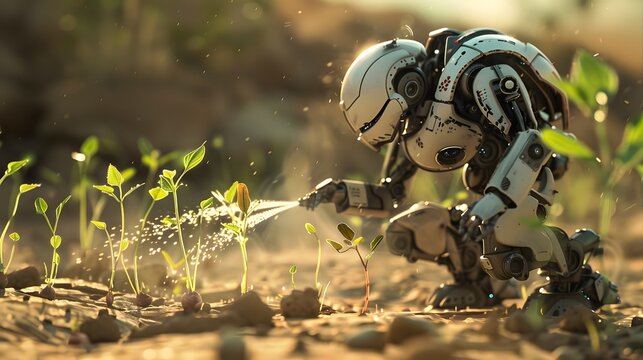 A humanoid robot waters seedlings in a desert area