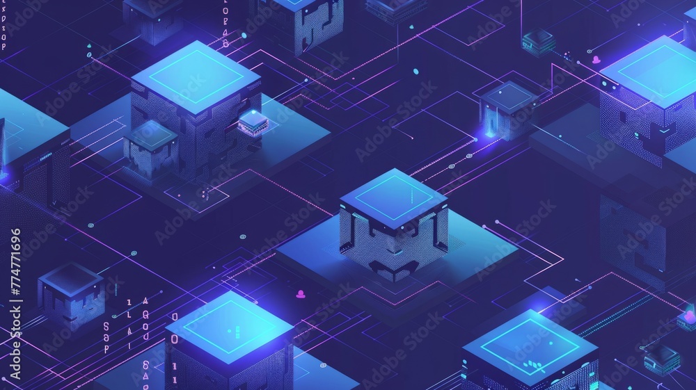 Poster isometric rendering of neon-lit cyber structures - an isometric view of a futuristic cityscape with 