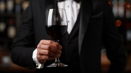 Sophisticated Gentleman sommelier Holding Glass of Red Wine in Elegant Attire, banner wineshop - obrazy, fototapety, plakaty