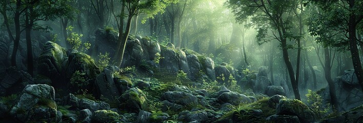A serene forest scene with sunlight filtering through the trees, creating a peaceful atmosphere reminiscent of the first day of spring. Generative AI - obrazy, fototapety, plakaty