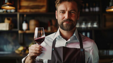 Sommeliers adult male hold glass red wine tasting degustation card, banner wineshop - obrazy, fototapety, plakaty