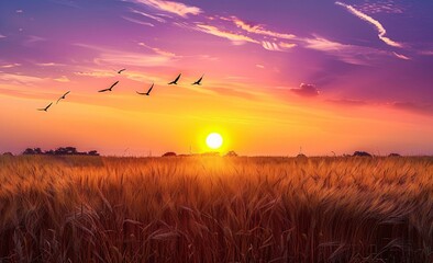 Sunset Serenade A Flock of Birds Soaring Over a Field of Golden Wheat Generative AI