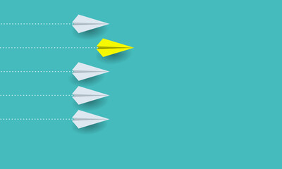 creative paper airplane illustration on blue background, think one step ahead. move further forward. innovative. competition. think different. copy space. 