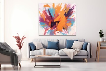 A modern, abstract painting with bold brush strokes in vivid colors, mounted on a clean, white wall, isolated on white solid background