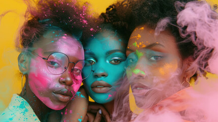 Obraz premium Three women are posing together with vibrant colored powder smeared across their faces. They appear joyful and celebratory