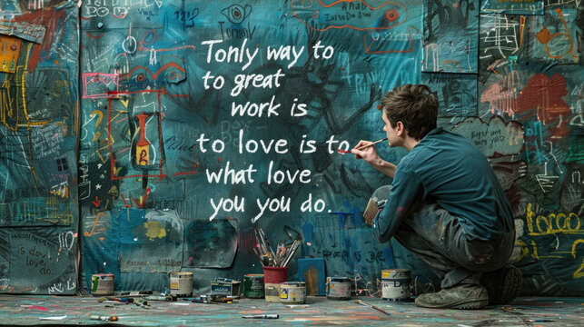 A person works on a vibrant graffiti art piece, meticulously adding an inspirational quote to the already dynamic and colorful wall