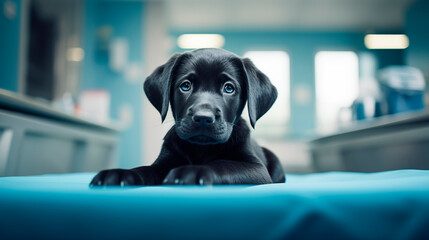 Black Labrador puppy in a veterinary clinic. Dog in the hospital. Puppy at the veterinarian's...