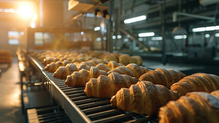 Golden Croissants on Conveyor Belt in Modern Bakery at Sunrise - obrazy, fototapety, plakaty