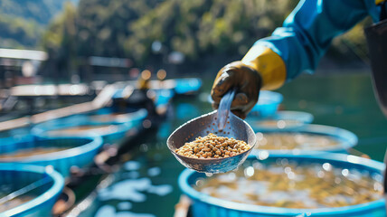 Worker holds scoop of pelleted feed fish for feeding. Concept Farm of trout and salmon. - obrazy, fototapety, plakaty