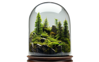 A glass dome containing lush green moss and textured rocks creating a miniaturized garden oasis