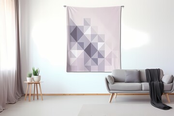 A monochromatic, gradient-hued tapestry featuring simple geometric patterns, hung against a white wall, isolated on white solid background