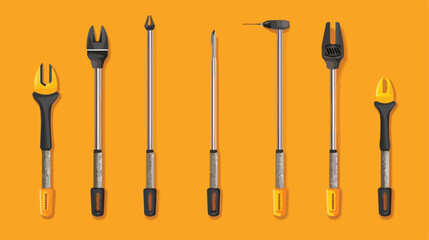 Set of screwdrivers on orange background flat lay Fla