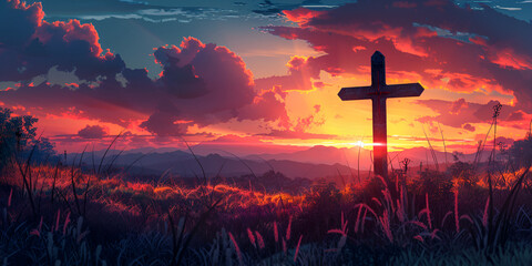 cross at sunset shining behind it, Jesus on the cross, good Friday background  - obrazy, fototapety, plakaty