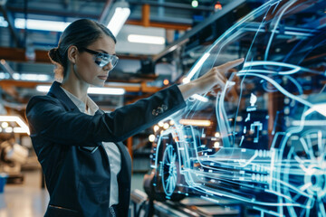 attractive young businesswoman pointing with finger at virtual panel in car factory
