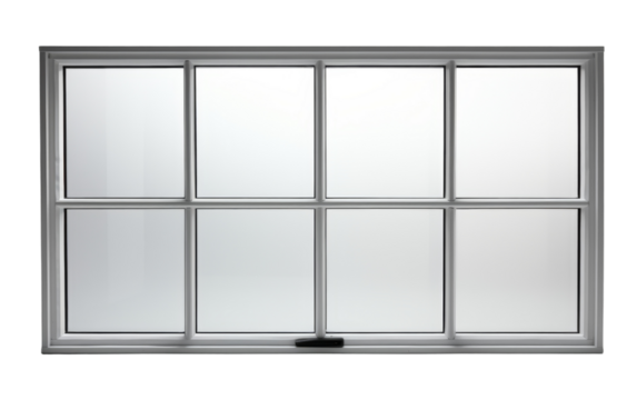 A white window with six panes of glass reflecting the interplay of sunlight and shadows