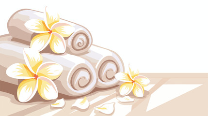 Spa composition. Rolled towels and plumeria flowers o