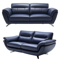 dark deep navy blue leather modern luxury sofa. couch for interior design of Modern living room, Metal legs, isolated transparent png cutout