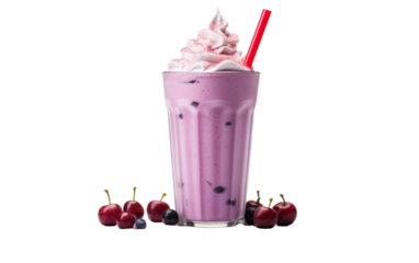A vibrant purple drink topped with fluffy whipped cream and sweet cherries