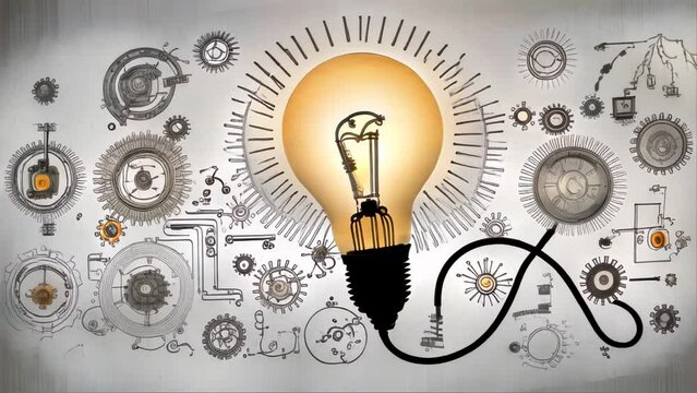 A glowing light bulb connected to mechanical gears and diagrams symbolizes innovation and complex thought processes in this conceptual image. AI Generation