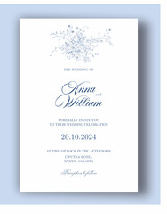 Vector of elegant floral hand drawn illustration blue wedding invitation template frame