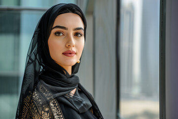 Portrait of a beautiful muslim woman with black hijab looking at camera
 - obrazy, fototapety, plakaty