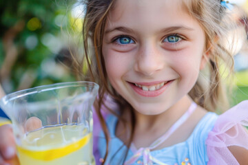 Cute little girl drinking lemonade in the garden.