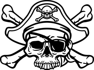 A pirate skull and crossbones jolly roger grim reaper cartoon wearing captain a hat and eye patch
