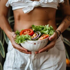 Close up of unrecognizable young woman with fit body holding a healthy salad with her hands. Weight loss concept