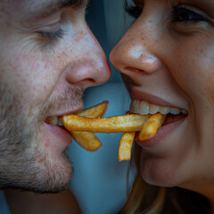 Close up of young couple sharing french fries