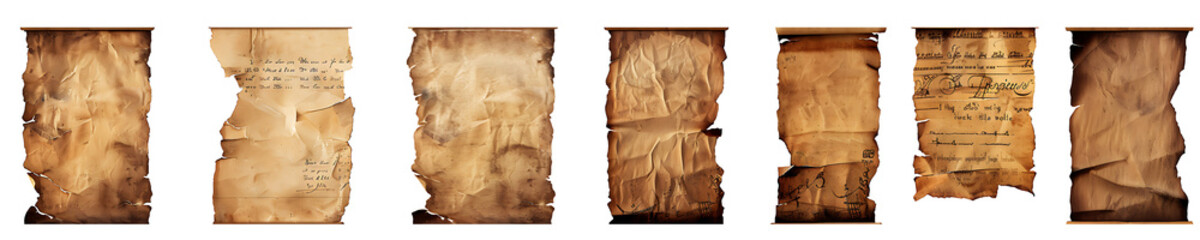 Set of old vintage blank paper scroll and parchment texture isolated on remove background, generative ai