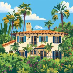 Illustration of a San Diego style house with large windows and shutters. Set among palm trees green trees and lively flowers - obrazy, fototapety, plakaty