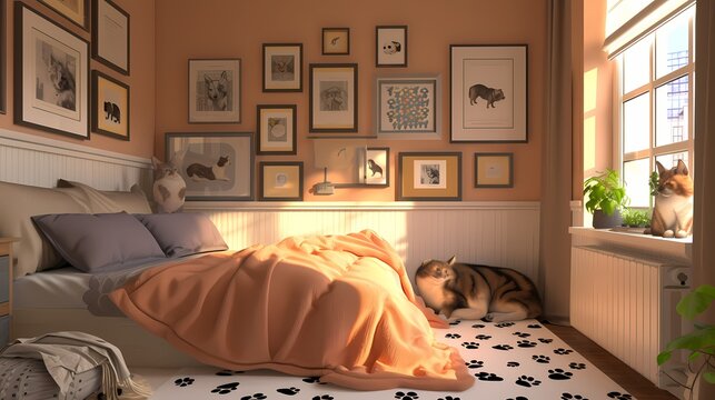 A pet lover's bedroom with cozy pet beds, framed pictures of furry friends, and paw-print decor.