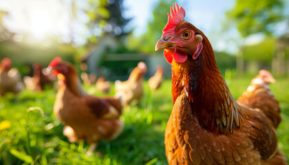 Hen Portrait at Sunrise in a Free-Range Farm