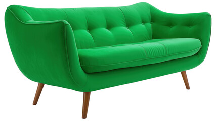 midcentury modern green sofa.  curved shape couch for playful and retro interior design of Modern living room, isolated transparent png cutout,  tufted backrests wooden legs upholstery - obrazy, fototapety, plakaty