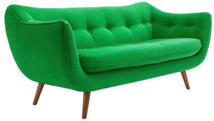 midcentury modern green sofa.  curved shape couch for playful and retro interior design of Modern living room, isolated transparent png cutout,  tufted backrests wooden legs upholstery