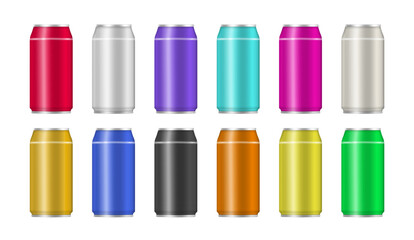 Set of realistic colorful aluminum drink cans. Aluminum can with soda or juice isolated on transparent background for advertising. Vector illustration